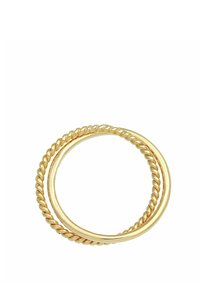 Bague en or présentant deux anneaux entrelacés ; l'un lisse et brillant, l'autre avec un design torsadé en forme de corde. Forme simple et élégante.