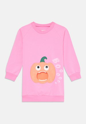 Pink sweatshirt with raglan sleeves featuring a large orange pumpkin graphic with an open mouth and eyes, and the text "Boo!" in white.