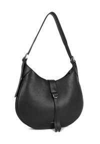 Sac à bandoulière en cuir noir avec une forme incurvée, surface texturée, sangle ajustable et un détail de boucle à l'avant. Quincaillerie en ton doré.