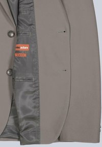 Slim-fit gray blazer featuring a smooth exterior, two buttons, and a satin lining with a tag reading "Emilio Adani." Interior pockets visible.
