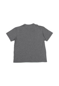 T-shirt grigio a maniche corte visto da dietro, con un classico collo a giro, materiale in cotone e una texture liscia e semplice.