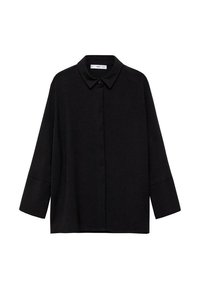 Chemise noire à boutons avec col, manches longues, coupe décontractée, et tissu texturé qui ajoute de la profondeur à son apparence globale.