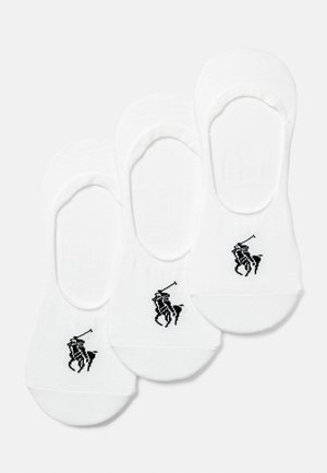 White ankle socks made of cotton blend, featuring a black polo player logo on each sock. Soft texture, low-cut design for discreet wear.