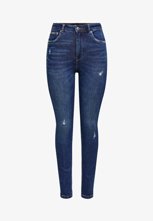 Ciemnoniebieskie, wysokie dżinsy skinny z delikatnymi przetarciami na udach i kolanach, z zapięciem na guzik z przodu oraz pięcioma kieszeniami.