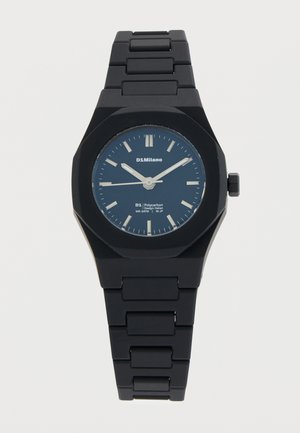 Schwarze D1Milano-Armbanduhr mit blauem Zifferblatt, silbernen Stundenmarkierungen und Gliederarmband, zeigt die Uhrzeit 10:09:44 an.