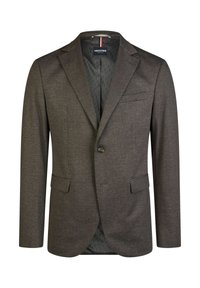Blazer pour homme marron à bouton unique avec revers à cran, deux poches à rabat à l'avant, poche poitrine passepoilée et doublure intérieure à motifs.