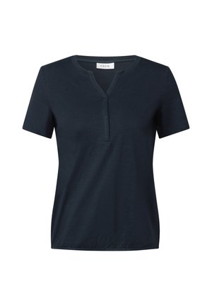 Navy blue short-sleeve T-shirt made from soft fabric, featuring a V-neck design and a loose fit with a straight hemline.