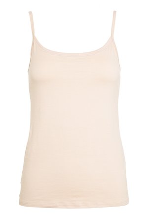 Lichtbeige tanktop van zacht, rekbaar materiaal. Voorzien van dunne, verstelbare bandjes en een eenvoudig, aansluitend ontwerp.