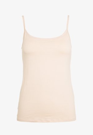 Helles beige Tanktop aus weichem, dehnbarem Material. Mit dünnen, verstellbaren Trägern und einem schlichten, taillierten Design.