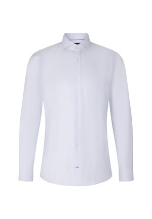 Hellblaues Langarmhemd mit strukturiertem Finish, spitzem Kragen und weißen Knöpfen auf der Front. Mit abgerundetem Saum und geknöpften Manschetten.