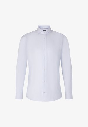 Hellblaues Langarmhemd mit strukturiertem Finish, spitzem Kragen und weißen Knöpfen auf der Front. Mit abgerundetem Saum und geknöpften Manschetten.