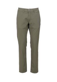 Olive green trousers made from lightweight fabric, featuring a zip fly, button closure, and front pocket, with a straight leg design.
