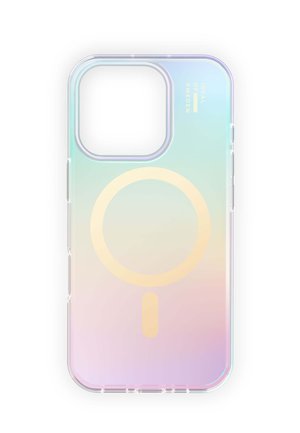 Gennemsigtigt mobilcover med iriserende pastelgradient, stor cirkulær MagSafe-indikator og "Ideal of Sweden" guldbogstaver nær kamerahullet.
