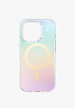 Transparent phone case with iridescent pastel gradient, large circular MagSafe indicator, and "Ideal of Sweden" gold text near the camera cutout.