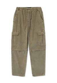 Kaki cargobroek gemaakt van ribfluweel. Voorzien van een elastische tailleband, trekkoord, twee zijzakken en twee cargozakken op de dijen.