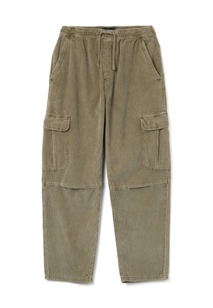 Pantalones cargo kaki hechos de pana. Cuentan con una cintura elástica, cordón ajustable, dos bolsillos laterales y dos bolsillos cargo en los muslos.