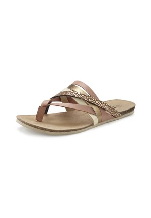 Flat sandal with brown, beige, gold, and animal print straps and a toe loop on a beige sole against a white background.