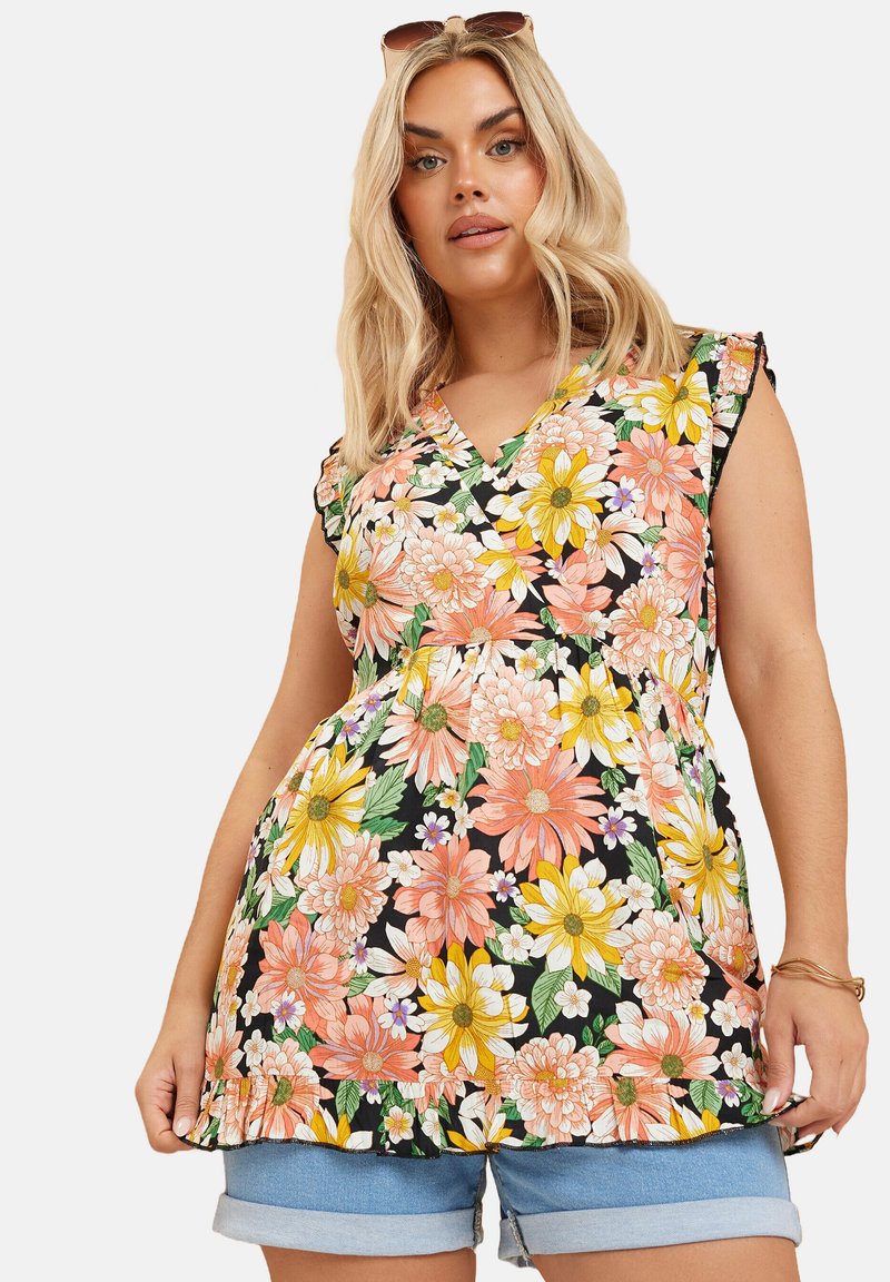 Blumenbluse mit schwarzem Hintergrund, die rosa, orange und gelbe Blumen zeigt. V-Ausschnitt, Kappärmel und ein gerafftes Taillendesign.