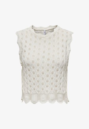 Hvit strikket ermeløs topp med bølget kant, som har et teksturert mønster av åpen strikk og små blomstermotiver.