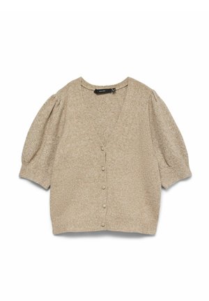 Cardigan court à manches courtes en tricot beige avec manches bouffantes, col en V, et boutons recouverts de tissu sur le devant.