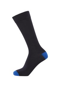 Black cotton sock with ribbed cuff, solid body, and blue accents at the toe and heel. Long length, smooth texture.