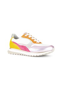 Bunter Sneaker mit weißem Leder, rosa, gelben und orangefarbenen Wildlederakzenten, silbernen Details und einer strukturierten Zwischensohle für besseren Halt.