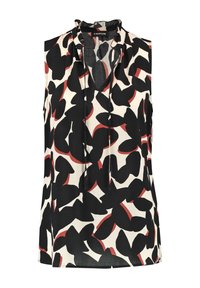 Mouwloze blouse van een lichte stof met een abstract patroon van zwarte, rode en crème bladeren, met een rimpelnek en een V-hals.