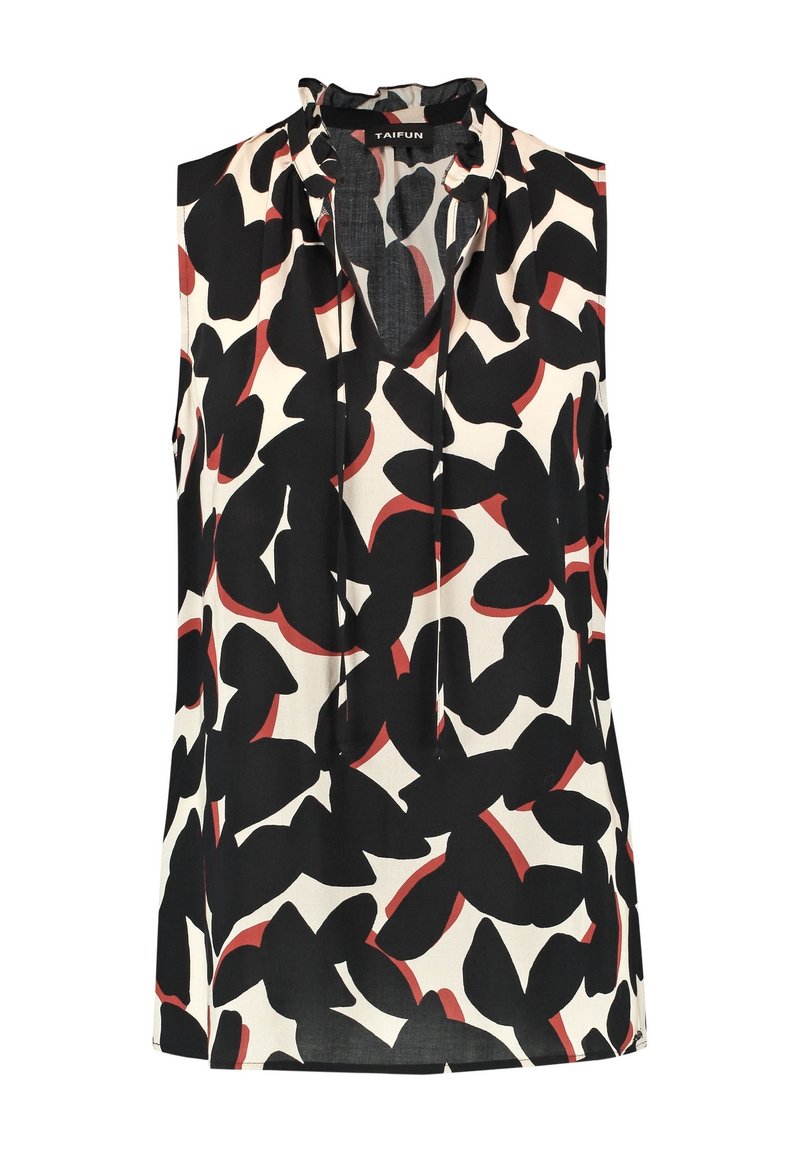 Mouwloze blouse van een lichte stof met een abstract patroon van zwarte, rode en crème bladeren, met een rimpelnek en een V-hals.