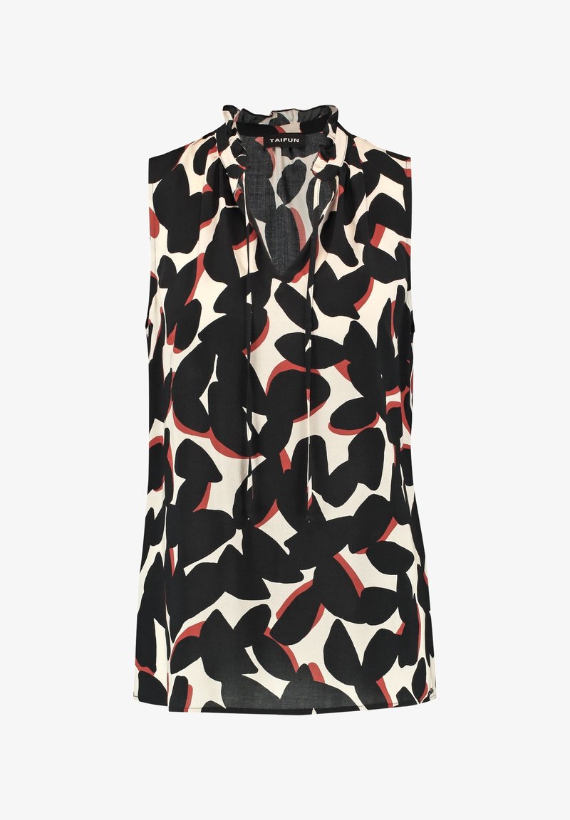 Hihaton paita kevyestä kankaasta, jossa on abstrakti musta, punainen ja kerma sandaalikuosi, rypytetty pääntie ja V-muoto.