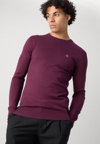 Maglione viola a maniche lunghe realizzato in un tessuto a maglia morbido. Presenta un colletto a girocollo e polsini e orlo a costine. Piccolo logo sul petto.