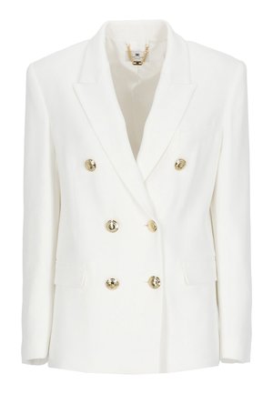 Blazer bianco doppiopetto con sei bottoni dorati, rever a incavo, due tasche con pattina e una tasca sul petto.