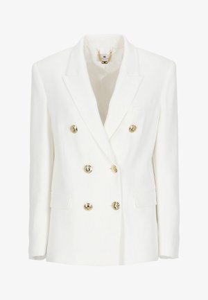 Blazer bianco doppiopetto con sei bottoni dorati, rever a incavo, due tasche con pattina e una tasca sul petto.