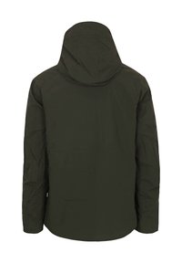 Donkergroene, hooded jacket met een gladde textuur, met een eenvoudig ontwerp en geen zichtbare hardware aan de achterkant. Minimalistische stijl.