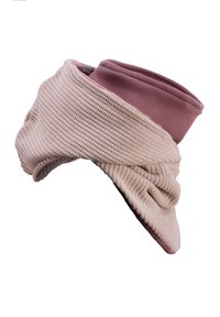 Knitted hat in light beige with a soft, rolled-up pink accent. Features a textured weave and smooth finish, creating a contrast in materials.