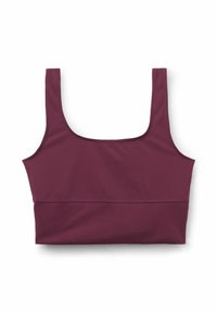 Bourgogne sportbh med fyrkantig halsringning, justerbara remmar och en mjuk, stretchig tyg. Har en åtsittande design och minimala sömmar.