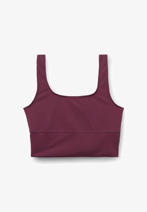 Bordeaux sports bh med firkantet halsudskæring, justerbare stropper og et glat, elastisk stof. Har en tætsiddende pasform og minimale sømme.