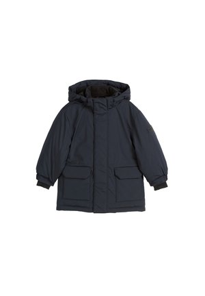 Marineblaue Parka mit Kapuze, aus isolierendem Stoff gefertigt. Verfügt über zwei Fronttaschen, elastische Bündchen und einen geraden Schnitt.