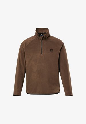 Brązowy polarowy pulower z zamkiem błyskawicznym na ćwierć, wysokim kołnierzem i czarnymi akcentami. Posiada małe logo na lewej piersi. Miękka tekstura.