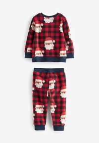 Roter und schwarzer Karomuster-Fleece-Pyjama-Set mit Santa-Gesicht-Mustern, navyblaue Akzente an den Bündchen und dem Taillenbund, weicher Textur.