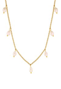 Collana in oro con perle bianche di forma irregolare sospese a intervalli, arricchita da piccoli dettagli in oro tra ogni perla.