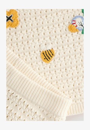 Adīts krēms džemperis ar teksturētu auklu, ribotām piedurknēm un krāsainām izšūtām akcentiem, tostarp bitēm un ziediem.