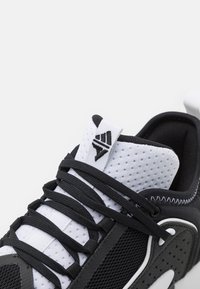 Chaussure de sport noire et blanche avec languette blanche perforée, lacets noirs et logo sur la langue, montrant le côté supérieur détaillé et la zone de laçage.