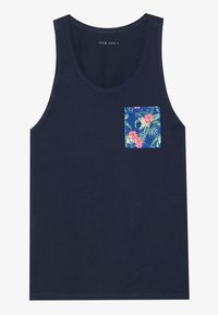 Top senza maniche blu navy con una tasca sul petto a motivo floreale. Materiale in cotone morbido, scollatura rotonda e design senza maniche.