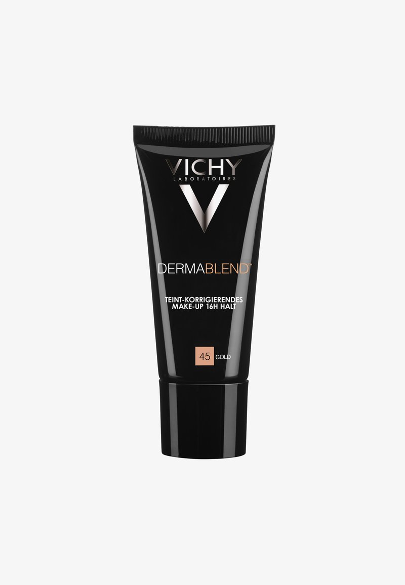 Black squeeze tube with a glossy finish, labeled "VICHY DERMABLEND 45 GOLD." Features a beige accent for shade indication.