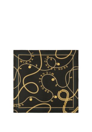 Carré noir avec motifs de chaînes dorées, breloques en forme de cadenas, et texte "Michael Kors" intégré dans le design.
