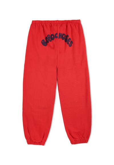 Rote Baumwoll-Sweatpants mit elastischem Bund, schmal zulaufenden Säumen und "BOBO CHOSES" in Marineblau auf der Rückseite gedruckt. Weiche Textur.