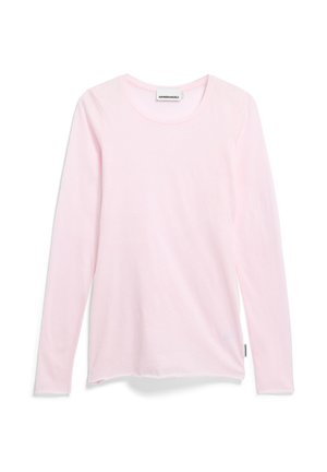 Light pink long-sleeve crew neck shirt with a small white brand tag at the back neckline and side hem, laid flat on white background.