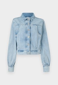 Veste en denim bleu clair courte avec un devant à boutons, un col, deux poches poitrine et des manches froncées. Texture douce et design classique.