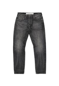 Heren donkergrijze denim jeans met een rechte pasvorm, voorzien van achterzakken, een ritssluiting en subtiele vervaging, gemaakt van klassieke denimstof.