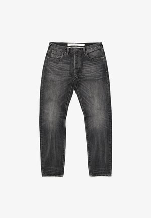Herren Jeans aus dunkelgrauem Denim mit geradem Schnitt, versehen mit Fronttaschen, einem Reißverschluss und subtilen Used-Effekten, hergestellt aus klassischem Denim-Material.